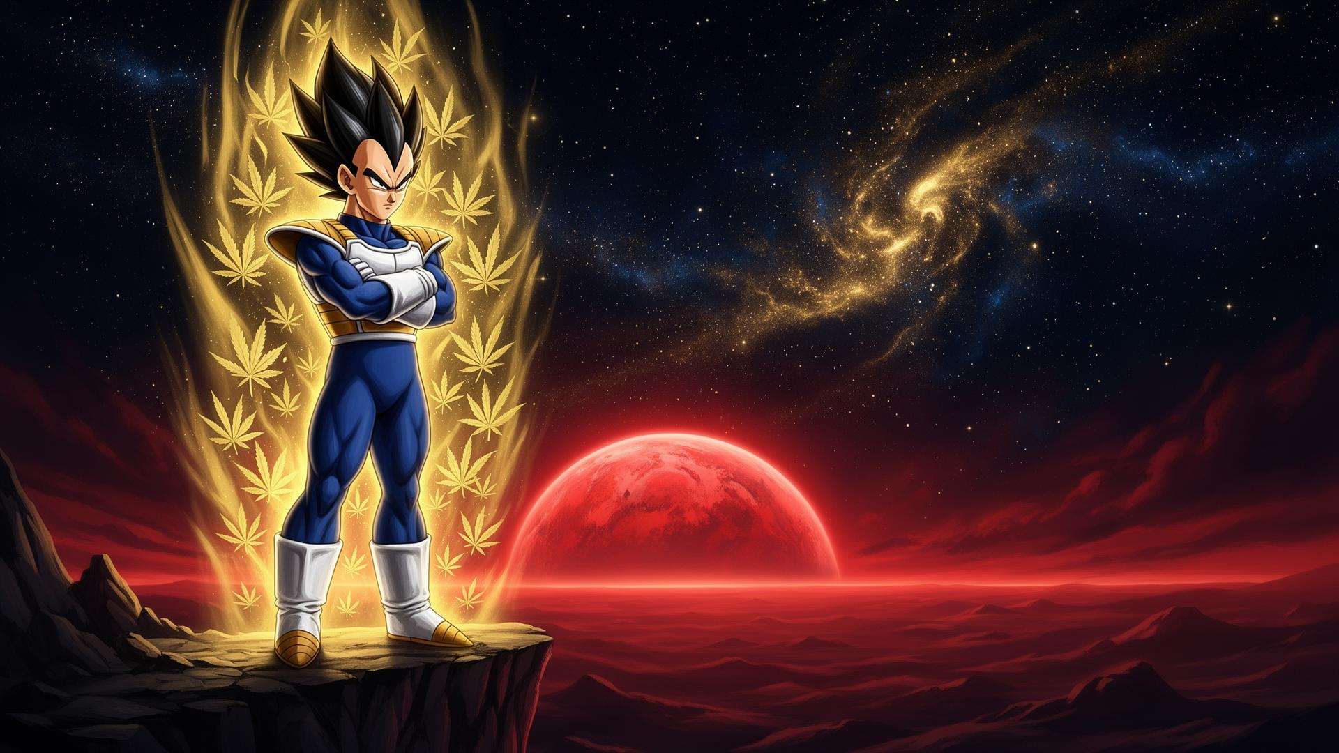 Vegeta Hemp hero — stoic Saiyan Prince in royal blue armor with a swirling golden hemp-leaf aura, standing before the red Planet Vegeta in deep cosmic space.